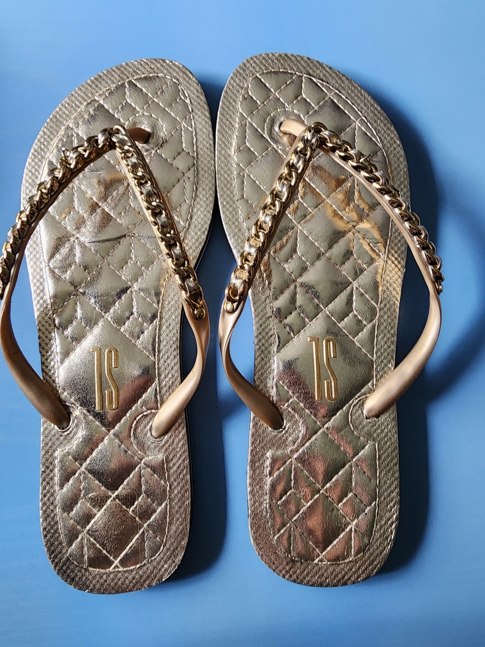 Metallic Gold Quilted Chain-Trim Flip Flop Sandals - Women New